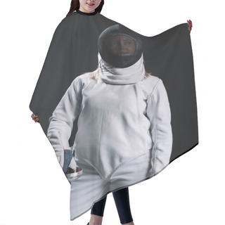 Personality  Fencer In Fencing Mask And Suit Holding Rapier Isolated On Black  Hair Cutting Cape