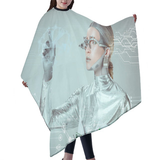 Personality  Futuristic Silver Cyborg Gesturing With Hand And Looking At Digital Data Isolated On Grey, Future Technology Concept   Hair Cutting Cape