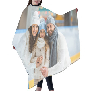Personality  Portrait Of Cheerful Parents And Daughter In Sweaters Looking At Camera On Skating Rink Hair Cutting Cape