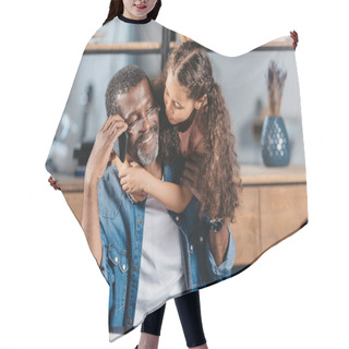 Personality  African American Girl Hugging Father  Hair Cutting Cape