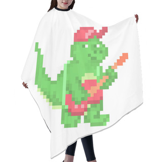 Personality  Pixel Art Dinosaur Character. Smiling Green Tyrannosaurus In Red Hair Cutting Cape