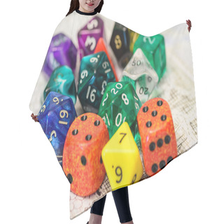 Personality  Role Playing Dices Lying On Sketch Map Hair Cutting Cape