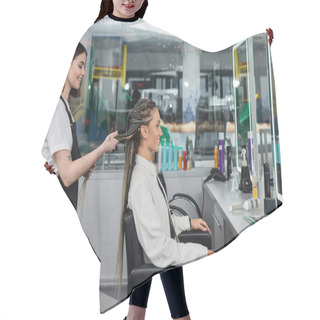 Personality  Side View, Client Satisfaction, Hairdresser Styling Hair Of Female Customer, Looking At Mirror, Happy Woman With Braids, Hairstyle, Braided Hair, Beauty Salon, Hairstyling Products  Hair Cutting Cape