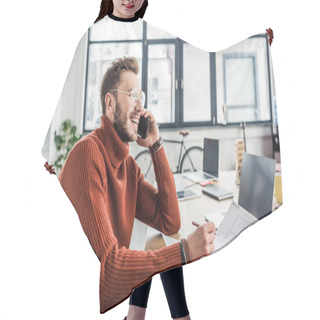Personality  Smiling Male Architect Sitting At Desk, Talking On Smartphone And Working On Blueprints In Loft Office Hair Cutting Cape