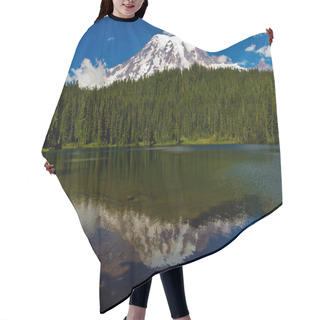 Personality  Beautiful Reflection Of Snow Capped Mount Rainier With Clear Blue Skies, Green Pine Trees, And Crisp Mountain Air. Hair Cutting Cape