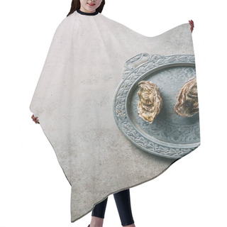 Personality  Top View Of Oysters On Metal Tray On Grey Tabletop Hair Cutting Cape