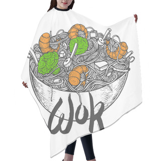 Personality  Asian Fastfood With Noodles Shrimps, Pepper, Vegetables In A Plate. Hand Drawn Hair Cutting Cape