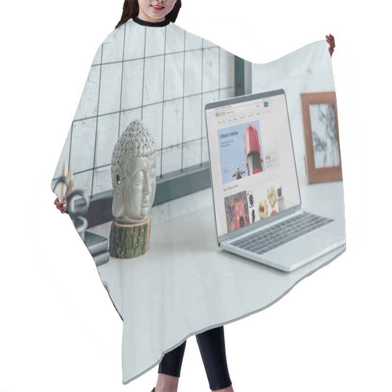 Personality  Laptop with loaded ebay page on table in modern office hair cutting cape
