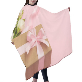 Personality  Present Box With Pink Bow And Flowers On Pink Background Hair Cutting Cape