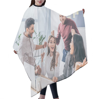 Personality  Happy Multicultural Businessmen And Businesswomen Celebrating Triumph In Office  Hair Cutting Cape
