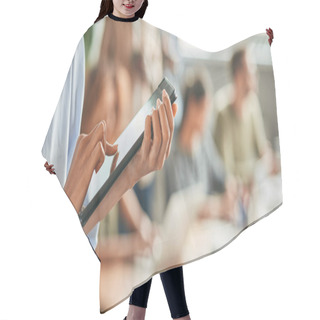 Personality  Fragment Photo Of Office Worker Pressing On Tablet Touchscreen Hair Cutting Cape