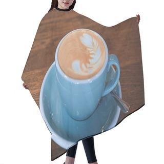 Personality  Blue Cup Of Delicious Cappuccino With Latte Art On Table Hair Cutting Cape