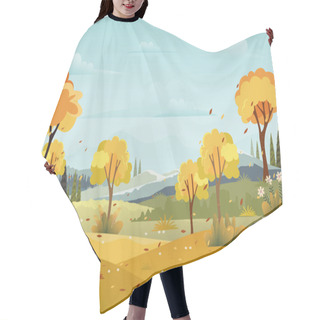 Personality  Panorama Landscapes Of Countryside In Autumn,Mid Autumn With Farm Field, Mountains, Wild Grass And Leaves Falling From Trees With Blue Sky And Yellow Foliage.Fall Season With Copy Space For Banner Hair Cutting Cape