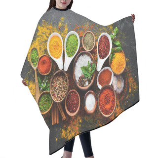 Personality  Colorful Herbs And Spices For Cooking. Indian Spices. On A Black Stone Background. Top View. Hair Cutting Cape
