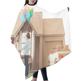 Personality  Little Kid Presenting Balloons To Girlfriend In Front Of Cardboard House Isolated On White Hair Cutting Cape