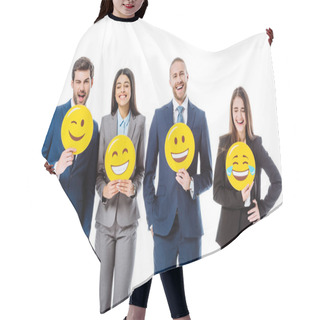 Personality  KYIV, UKRAINE - AUGUST 12, 2019: Multicultural Business People In Suits Holding Smileys Isolated On White Hair Cutting Cape