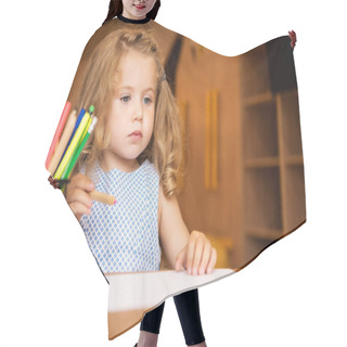 Personality  Adorable Child Holding Felt Pen For Drawing In Kindergarten, Pen Holder With Felt Tip Pens On Tabletop Hair Cutting Cape