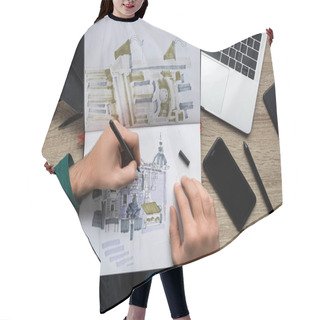 Personality  Top View Of Mans Hands Drawing In Album On Wooden  Table Next To Laptop And Smartphone Hair Cutting Cape