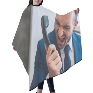 Personality  Aggressive Collector Shouting On Handset In Room Hair Cutting Cape