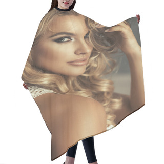 Personality  Portrait Of Beautiful Sensual Blonde Woman With Long Curly Hair. Beauty Photo. Hair Cutting Cape
