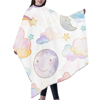 Personality  Watercolor Gentle Rainbow Seamless Pattern With Sky Clouds, Smiling Moon And Stars On White Background Hair Cutting Cape