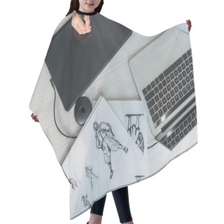 Personality  Top View Of Animator Using Digital Tablet Near Sketches  Hair Cutting Cape
