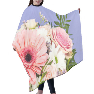 Personality  Bouquet Of Bright Beautiful Flowers On Blue Background. Studio Photo Hair Cutting Cape