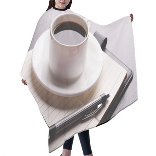 Personality  Cup Of Coffee On Saucer With Diary And Pen On Wooden Table Background Hair Cutting Cape