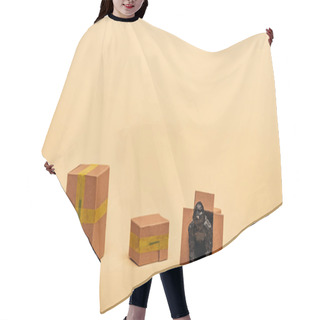 Personality  Toy Gorilla In Cardboard Container With Boxes On Yellow Background, Animal Welfare Concept Hair Cutting Cape