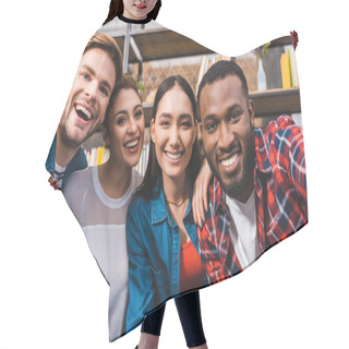 Personality  Happy Young Multiethnic Friends Smiling At Camera Hair Cutting Cape