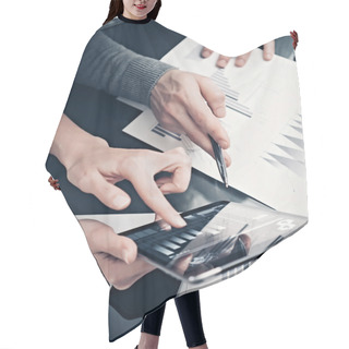 Personality  Research Department Working Process.Photo Woman Showing Business Reports Modern Tablet. Statistics Graphics Screen.Banker Holding Pen For Signs Documents,discussion Startup Idea. Vertical.Film Effect Hair Cutting Cape