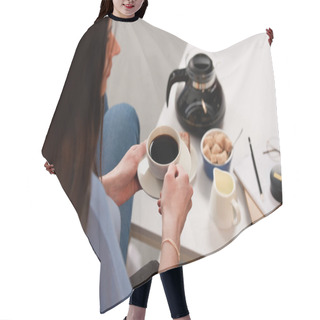 Personality  Partial View Of Woman With Cup Of Coffee And Coffee Table With Coffee Maker, Jag Of Cream And Brown Sugar Hair Cutting Cape