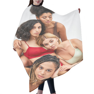 Personality  Multiethnic Group Of Women With Varied Body Shapes In Colorful Lingerie Looking At Camera And Hugging While Sitting On Bed Isolated On Grey, Different Body Types And Self-acceptance Concept  Hair Cutting Cape