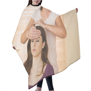 Personality  Young Woman Having A Reiki Treatment Hair Cutting Cape