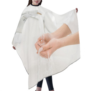 Personality  Partial View Of Woman Washing Hands At Home Hair Cutting Cape