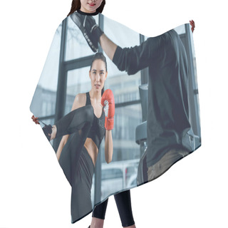 Personality  Young Female Fighter Performing Low Kick With Trainer At Gym Hair Cutting Cape