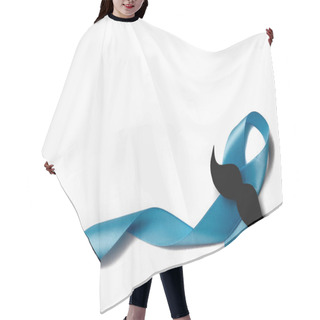 Personality  Light Blue Ribbon With Mustache On White Background. Prostate Cancer Awareness, Movember Men's Health Awareness. Healthcare, International Men, Father And World Cancer Day Concept. Hair Cutting Cape