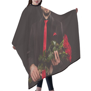 Personality  Cropped View Of Man In Suit Holding Red Roses Isolated On Black Hair Cutting Cape