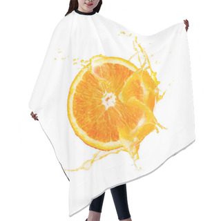 Personality  Fresh Slide Half Of Ripe Orange Fruit With Orange Juice Splash Water Isolated On White Background Hair Cutting Cape