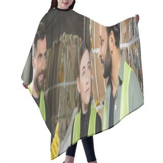 Personality  Smiling Worker In Safety Vest And Glove Talking To Indian Colleague While Standing Near Female Sorter And Blurred Waste Paper In Garbage Sorting Center, Waste Sorting And Recycling Concept, Banner  Hair Cutting Cape