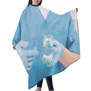 Personality  Cropped View Of Orthodontist Pointing With Finger At Jaw Model In Clinic Hair Cutting Cape