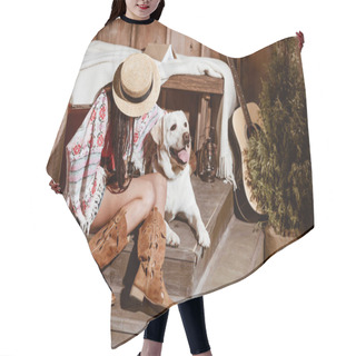 Personality  Woman In Boho Style With Dog Hair Cutting Cape