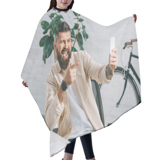 Personality  Bearded Businessman Pointing At Camera While Taking Selfie In Office Chair Hair Cutting Cape