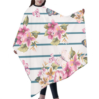 Personality  Butterfly With Floral Seamless Pattern On Stripe Background Hair Cutting Cape
