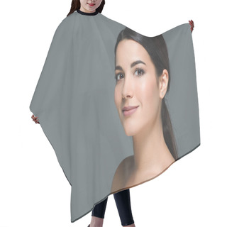 Personality  Portrait Of Brunette Smiling Woman Looking At Camera Isolated On Grey Hair Cutting Cape