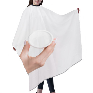 Personality  Cropped View Of Woman Holding Container Of Hand Cream Isolated On Grey Hair Cutting Cape