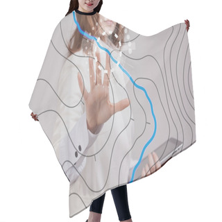 Personality  Geographic Information Systems Concept, Woman Scientist Working With Futuristic GIS Interface On A Transparent Screen. Hair Cutting Cape