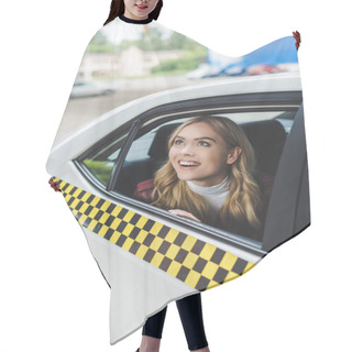 Personality  Smiling Young Woman Looking Up Through Taxi Window   Hair Cutting Cape
