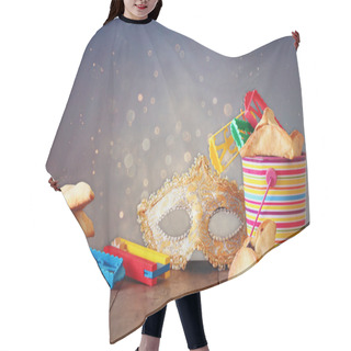 Personality  Hamantaschen Cookies Or Hamans Ears,noisemaker And Mask For Purim Celebration (jewish Carnival Holiday) And Glitter Background. Selective Focus Hair Cutting Cape