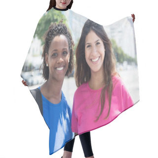 Personality  Happy African American And Caucasian Student In City Hair Cutting Cape